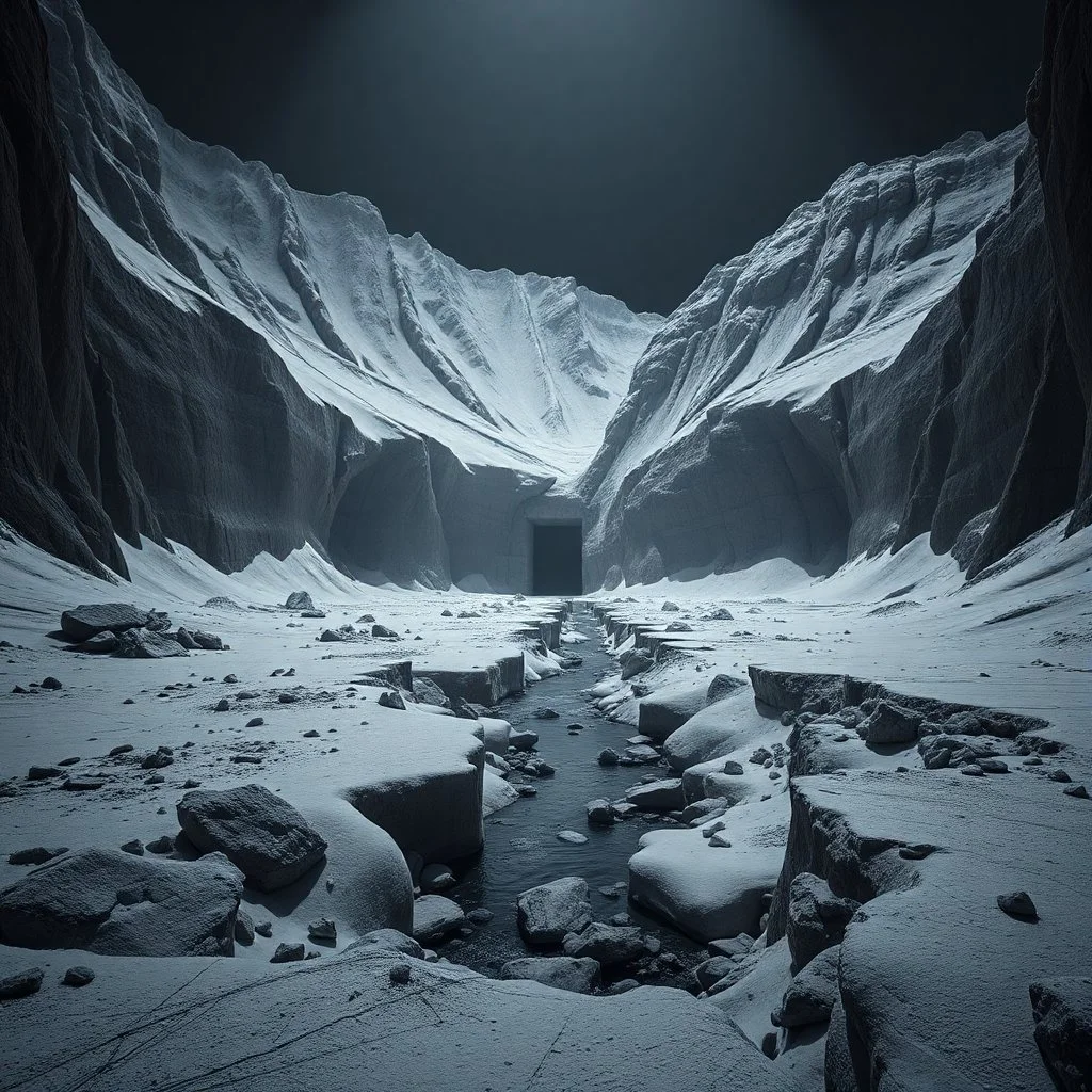 Photograph, a dark mass of terrain, giant museum space, powder, brook, dramatic colors, geological formation, architecture, minimalist, details of the terrain very accentuated, 8k, deep 3d field, sharp, brutalist, hasselblad h6d400c --ar 85:128 --v 6.0