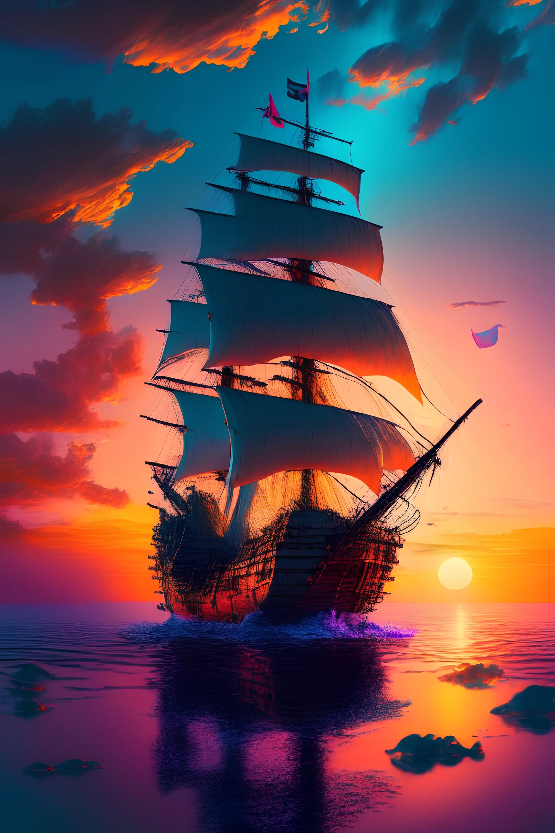 The ship on the sea at sunrise with a wide imagination and great colors 8K