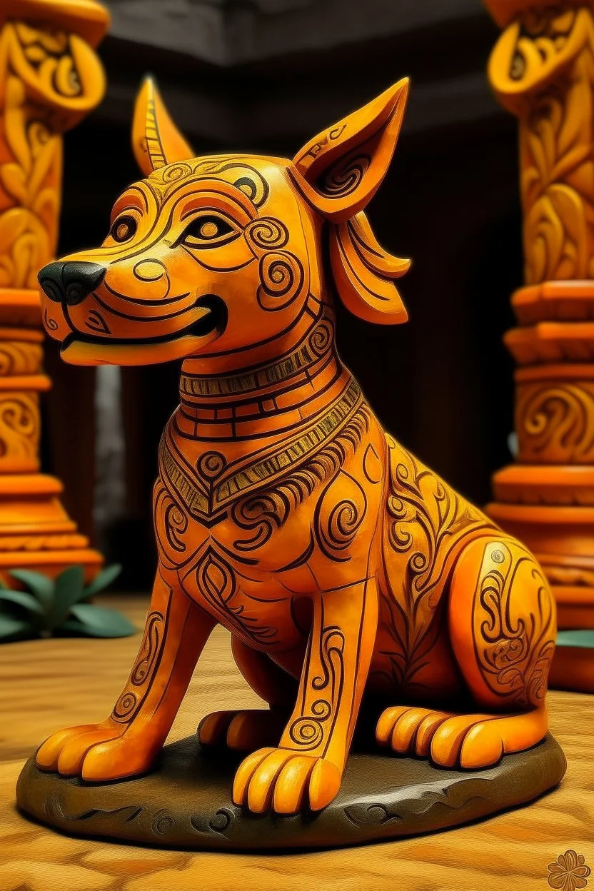 A yellowish orange colored sound elemental dog designed in Mayan architecture painted by Cai Jia
