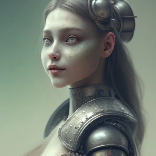 a cute smiling girl in medieval armor with a tattoo in her face, michelangelo style, steam punk, scary, horror, realistic, made in octane, cinematic, ultra-realistic, extremely detailed octane rendering, 8K, VRAY Super Real ar 2:3, dof photorealistic futuristic 50mm lens hard lighting dark gray tintype photograph, realistic lighting, sephia colors