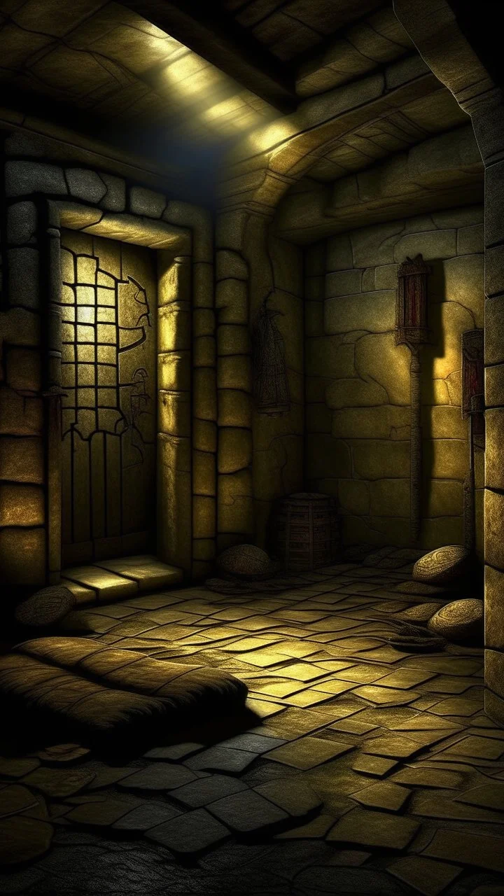 The Count of Monte Cristo in an abandoned prison cell with door open ,cavernous depths of the cellar beneath Blackwood Manor , where flickering torches cast eerie shadows across the damp stone walls. As he explores, he uncovers ancient artifacts and relics, each one hinting at a dark and mysterious past.