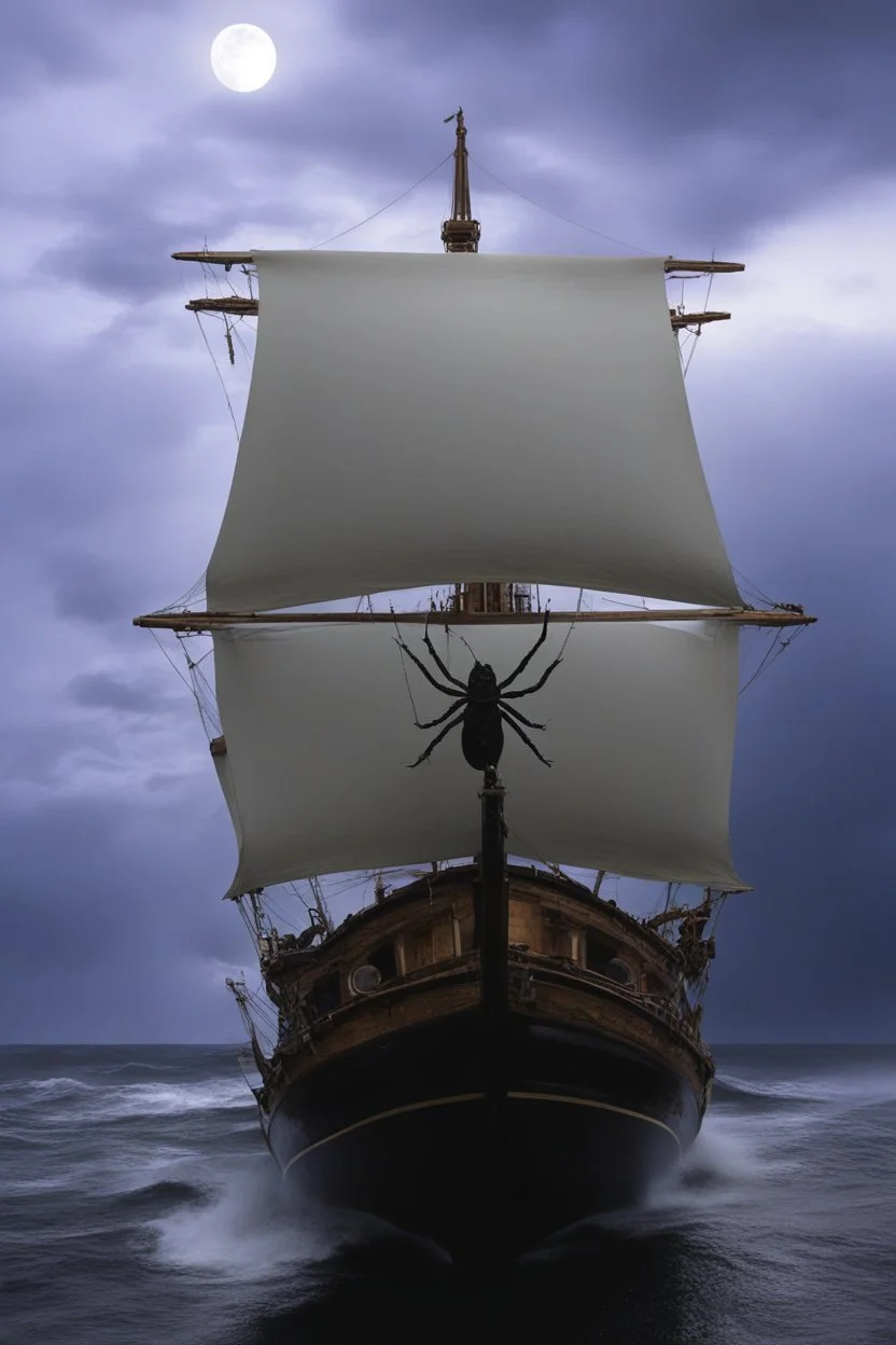 Wooden Ship front view with a Spider figurehead at night in a storm with giant waves