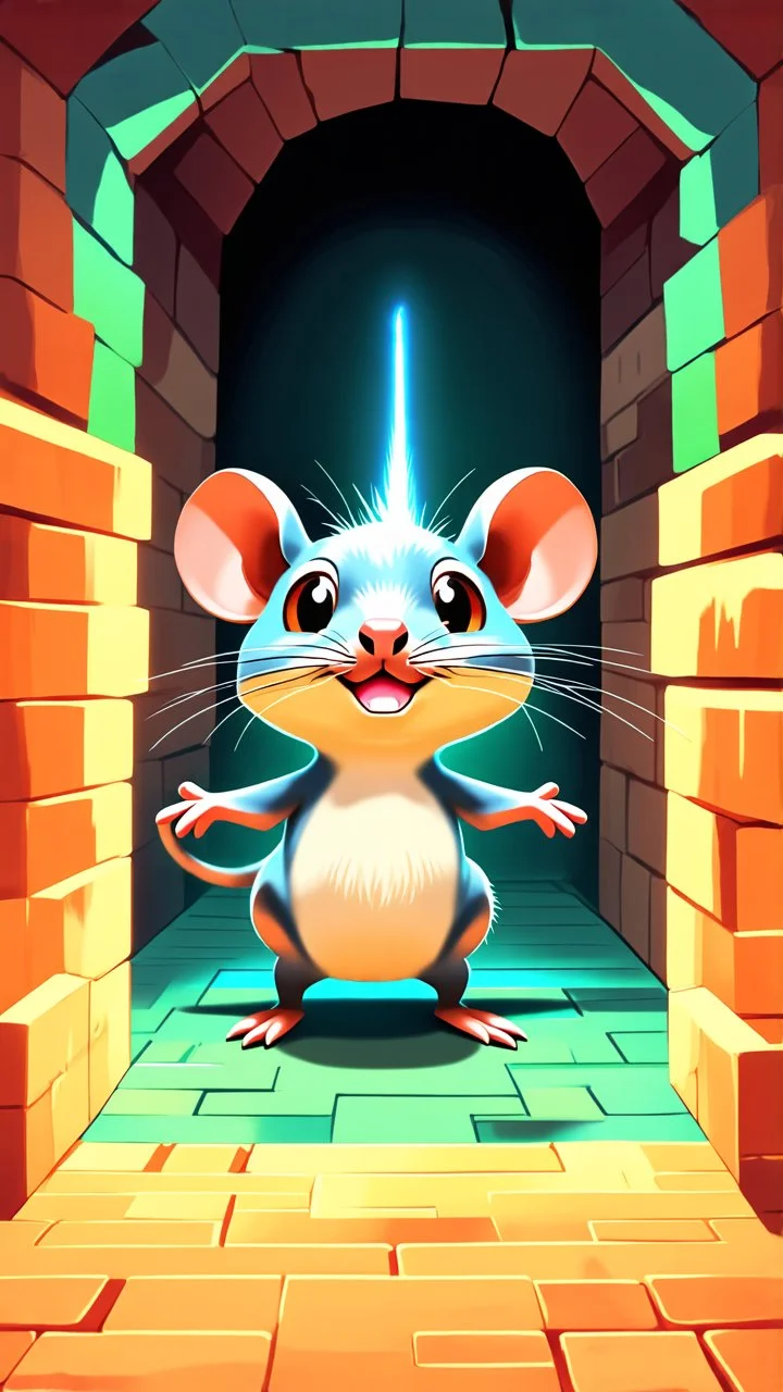 Sneak: "A cartoon rat glowing slightly as it dashes quickly through a maze, whimsical dungeon environment, playful, exaggerated motion, fantasy illustration, vibrant colors."