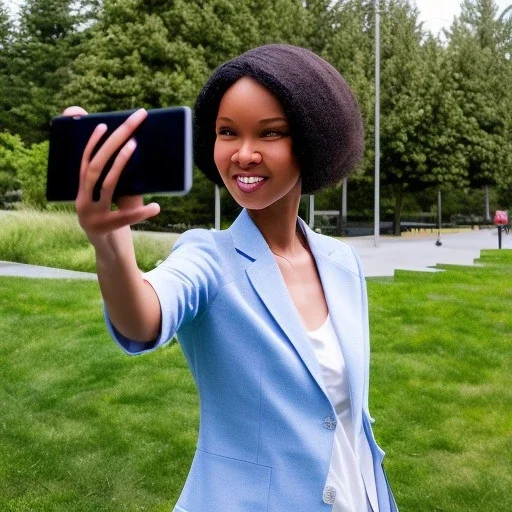 A short haired, black female software engineer taking a selfie in front of Building 92 at Microsoft in Redmond, Washington