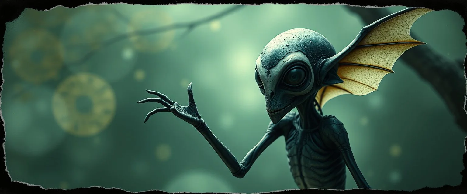 3d airbrush render, magpie elf vampire alien dodo , pinhole cam, airbrush 3d rendering, in the style of Titian and Dali , torn edges on border
