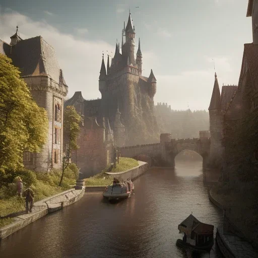 A magical gothic little town of witches with a castle and canals Nick Harris style