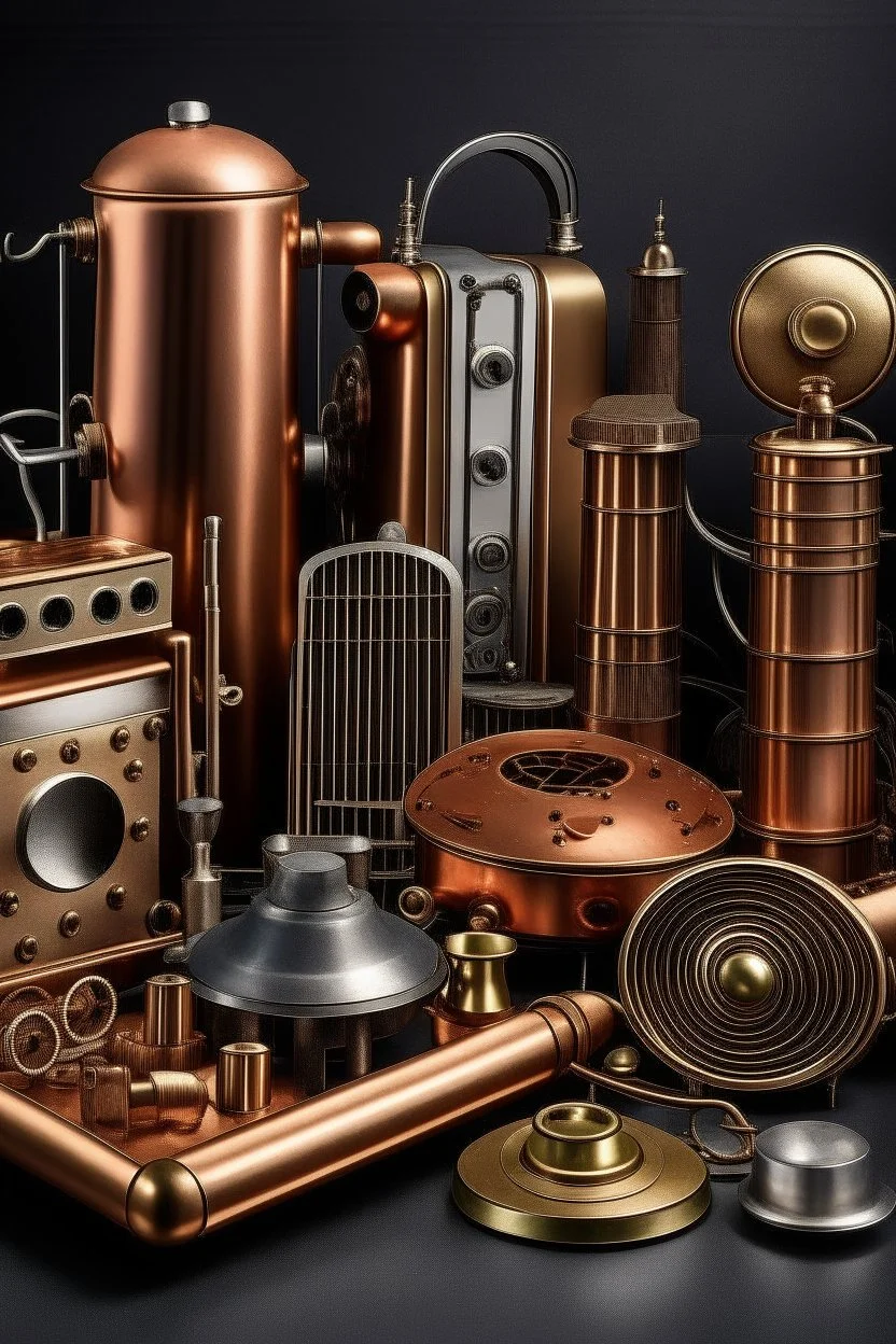 Please produce a photo of the parts of electrical household appliances used in homes inspired by copper, which should be a fresh photo and for the cover of a poster. Please, it should be kitchen electrical appliances. The number of items should be less