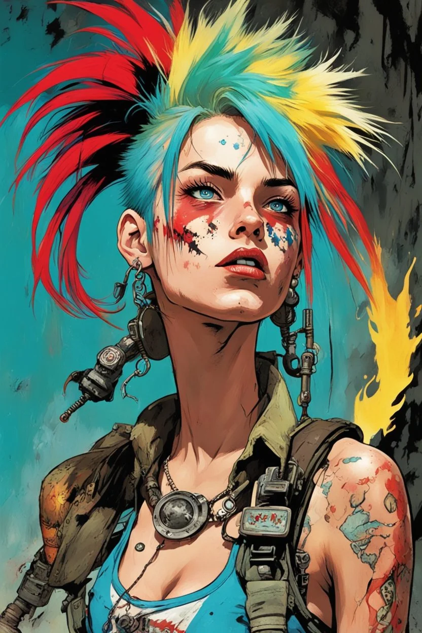 In the dimly lit cavern of the underground bunker, Tank Girl stood as a vibrant and untamed force of nature. Her appearance was a riot of color and defiance, a living embodiment of the underground spirit. Tank Girl's hair, a shock of wild crimson and turquoise, cascaded around her like a cascade of fire, defying gravity with its unruly exuberance. Her piercing eyes, a kaleidoscope of mischief and rebellion, sparkled with a manic energy that could ignite a room. She wore a hodgepodge of garments,