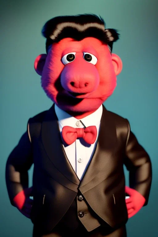 Waist up muppet Portrait, Kim Jong-un muppet doll, black suit, photo studio, red background, unreal engine 5, concept art, art station, ray tracing, lumen lighting, ultra detail, volumetric lighting, 3d.