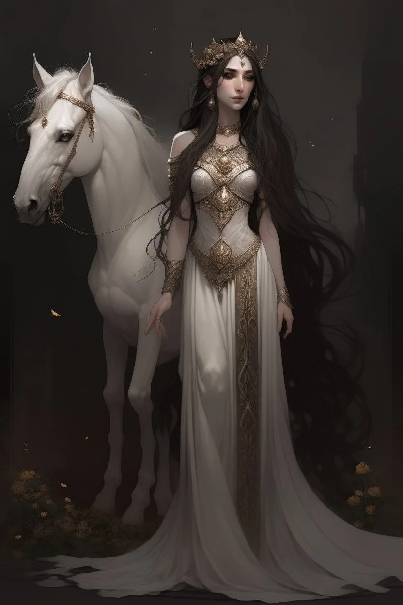 full body portrait of Cynara, the antagonist of a youth fantasy novel; she is a patron but became mean after a stroke of faith, she is beautiful, her patron animal is a unicorn, her stone is an auralith, her best friend is Elysia who is the light of life, Cynara has long dark hair, her appearance is like a greek goddess,