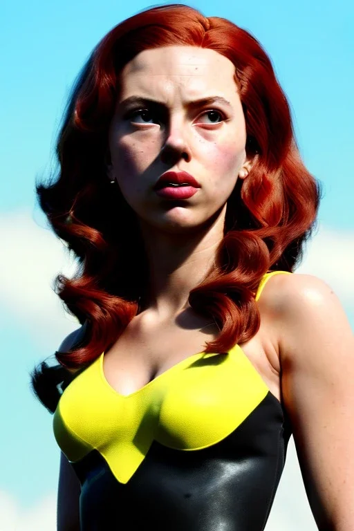 retro portrait image from 1960, sky background, wind, long red hair, fighting stance, sweet young Scarlett Johansson, black dress, classic long tight lycra black suit, gold bracelet and belt, high heel boots, superhero style, soft color, highly detailed, unreal engine 5, ray tracing, RTX, lumen lighting, ultra detail, volumetric lighting, 3d, finely drawn, high definition, high resolution.