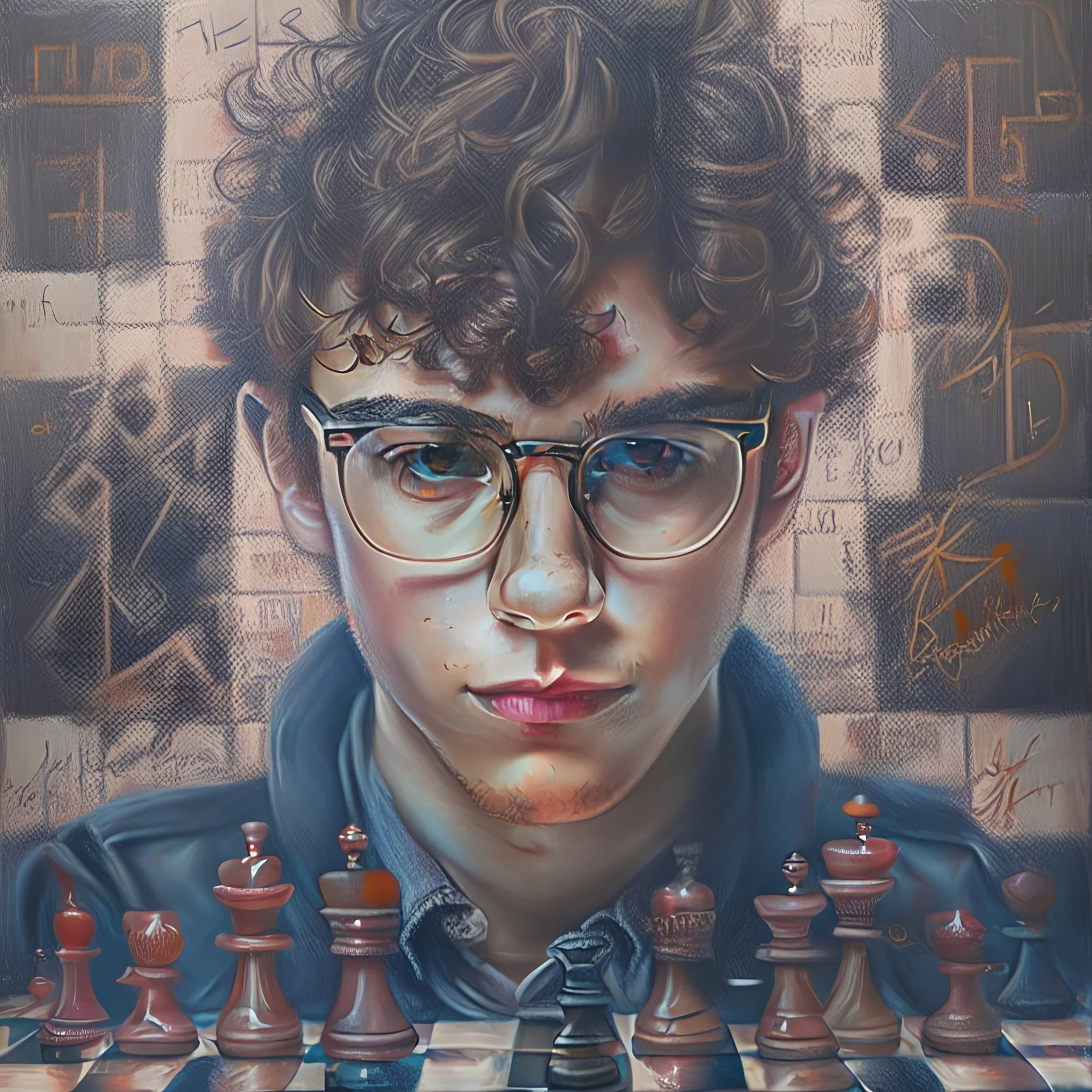 a highly detailed portrait, a 20 year old caucasian male, wearing glasses, brown short hair that is a little bit curly, he has glasses, wearing a black suite, the background is filled with chess inspired graffiti