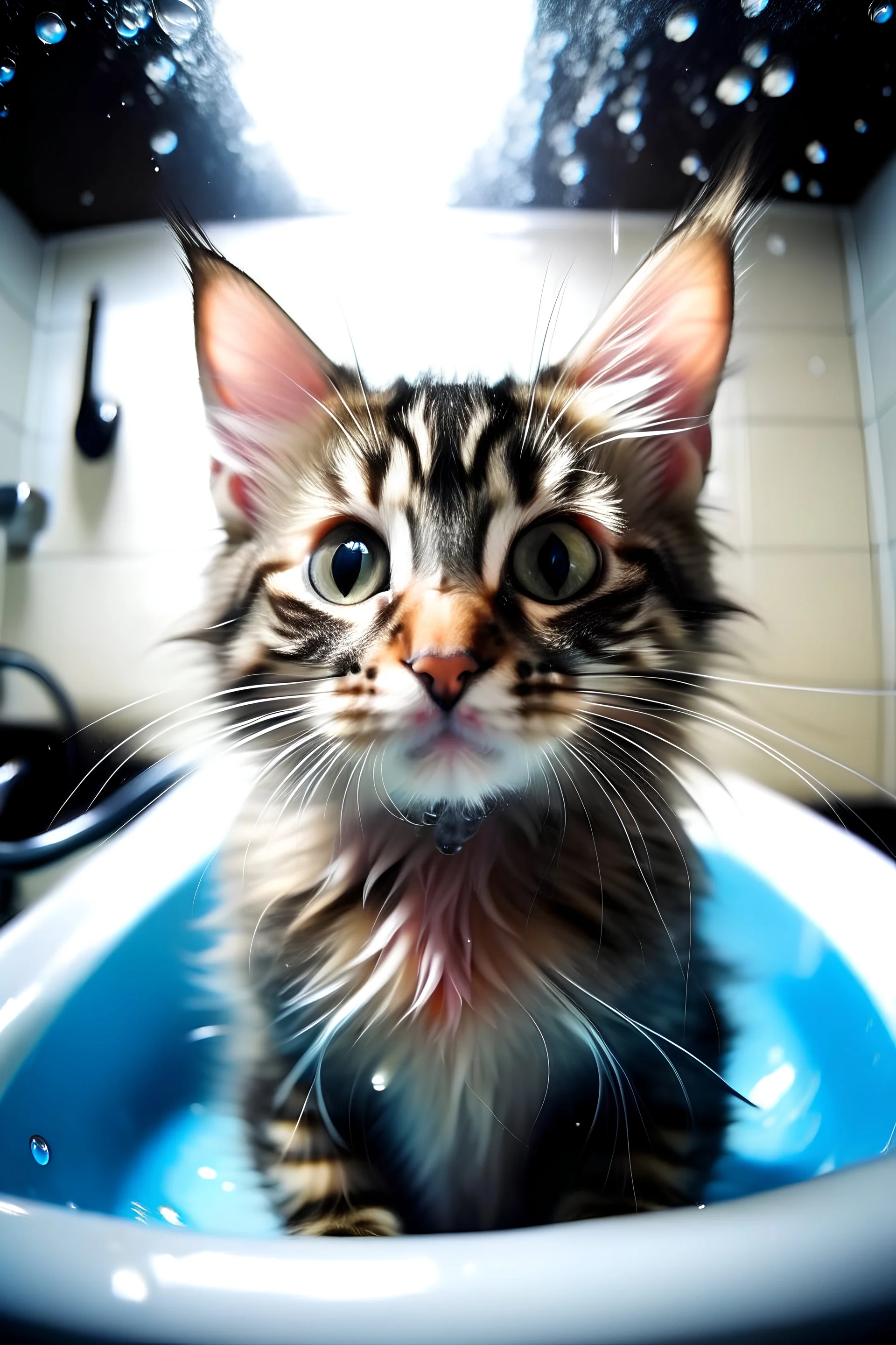 cute kitten photography, shower time, Maine coon breed cat, bath tub full of bubbles, bubble on its head, face to camera, fisheye camera, tongue out, baby cat, bathtub