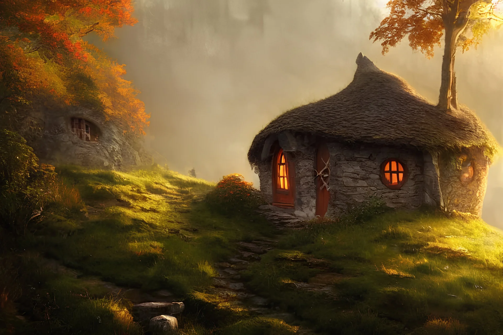 a hobbit cottage on top of a steep hill, greg rutkowski, zabrocki, moebius, concept art, highly detailed, autumn sunlights, smoky atmosphere, ( ray of sunlight ), ilya kuvshinov, ossdraws, 8 k, ultra wide angle, zenith view, lens effect