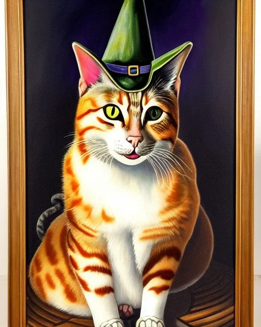 painting of a cat wearing a witch hat sitting in an occult circle, fantasy, sigils, runes, high def, high detail, very high detail, center