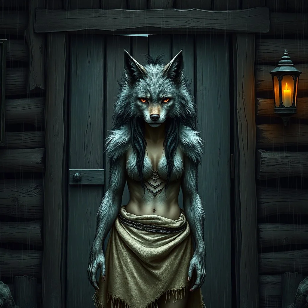 fantasy digital art of young female anthro wolf in gray hairy wolf body and wears just a short canvas rag around her waist , sadly crying face stands in the rain front the door, behind her an tall anthro dark hairy wolf man standing behind in rustic halb open door in an massive wooden house, deep colors, rainy day, detailed, anthropomorphic creatures, fantasy, sci-fi mood