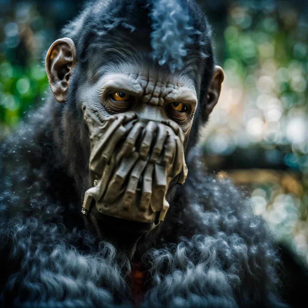 Cyborg Ape in a breathing device, gas mask, respirator Christopher Nolan, Dystopian, Extreme depth of field, bokeh blur, Alberta, all-natural, in the style of candid, imperfection, natural lighting, Fuji Film, Anamorphic lens