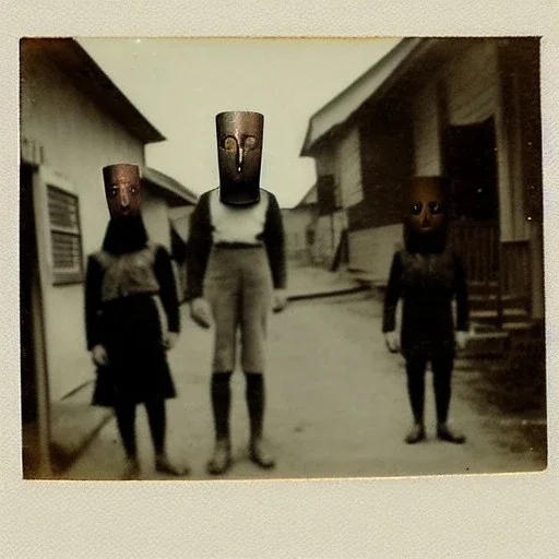 Creepy old photo, folk town strange masks