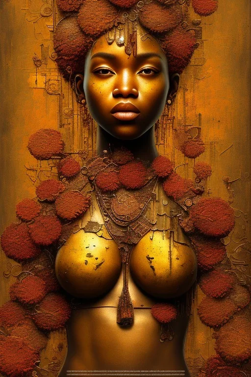 an abstract painting of rusted metal and beautiful flowers, african portrait, rust, scaffolding, iron cladding, decay, mixed media, textured, anatomically correct, beautiful perfect face, sharp focus, highly detailed