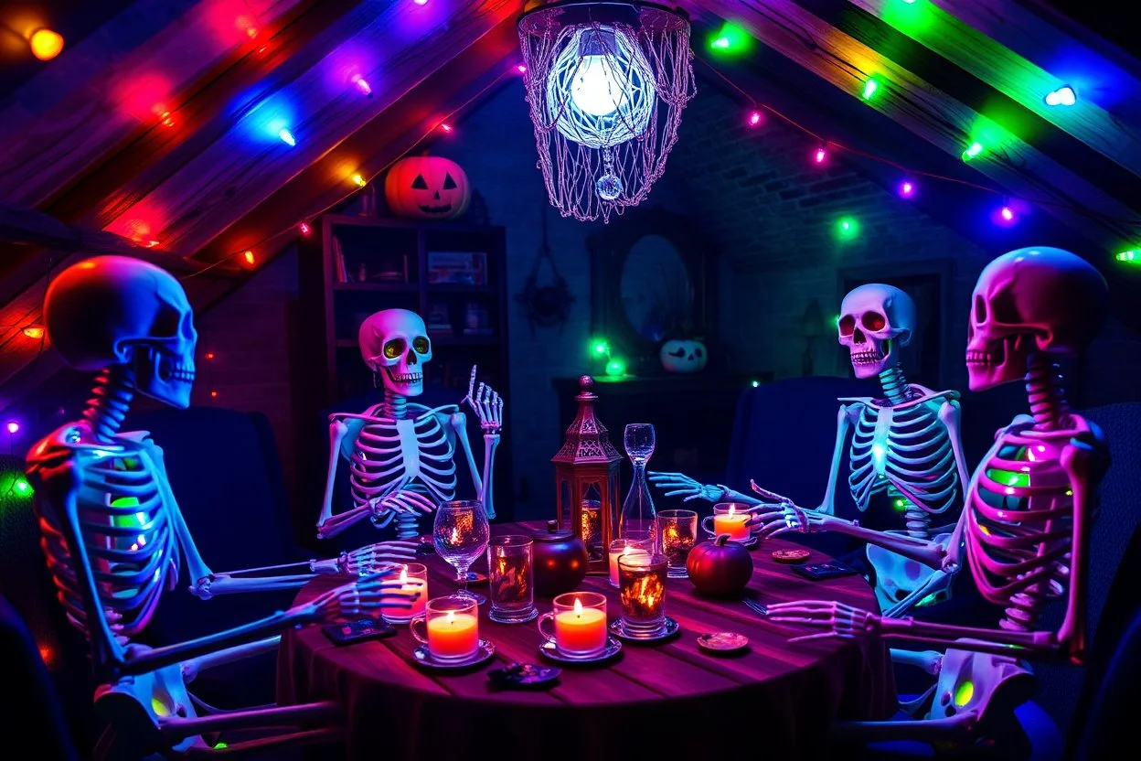 Glowing Halloween skeletons having a tea party in the haunted house attic. Colorful string lights and festive decorations create a spooky magical atmosphere