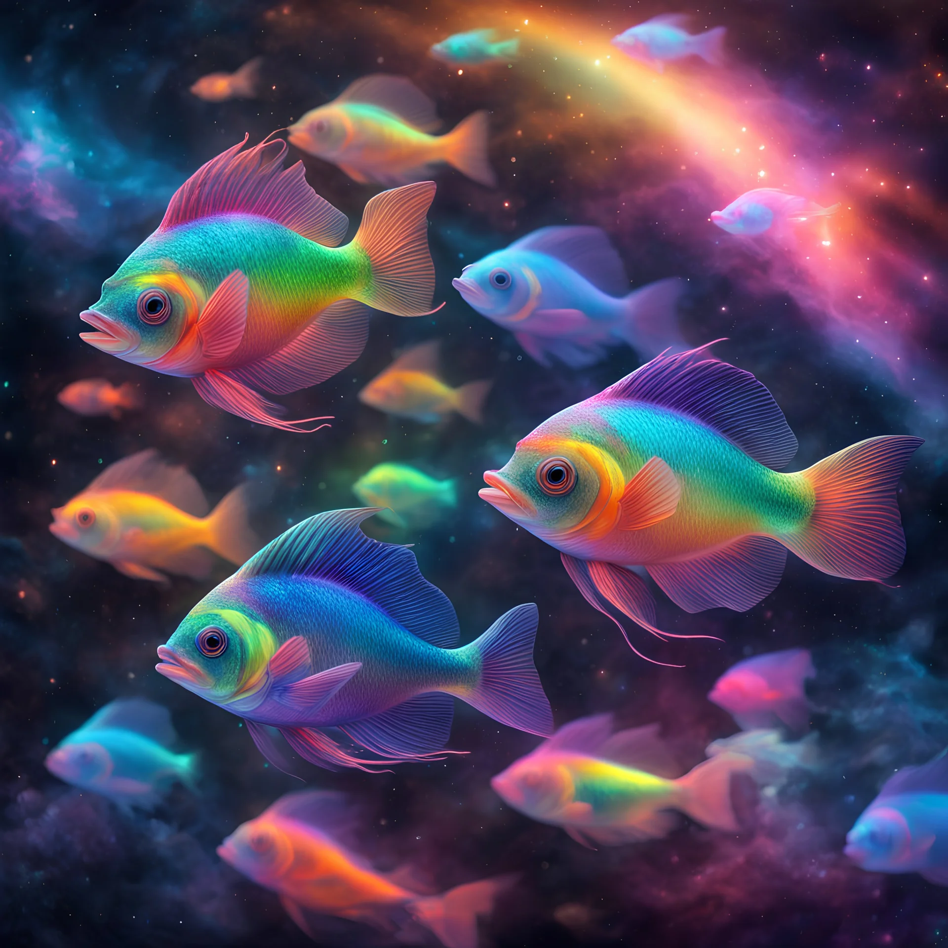 glowing transparent rainbow fishes in space, nebula in bakcground, Liquid Structure, Splash, professional, Photography, Intricate Patterns, Ultra Detailed, Luminous, Radiance, beautiful, Ultra Realism, Complex Details, Intricate Details, 16k, HDR, High Quality, Trending On Artstation, Sharp Focus, Studio Photo, Intricate Details, high contrast, bright vibrant colors