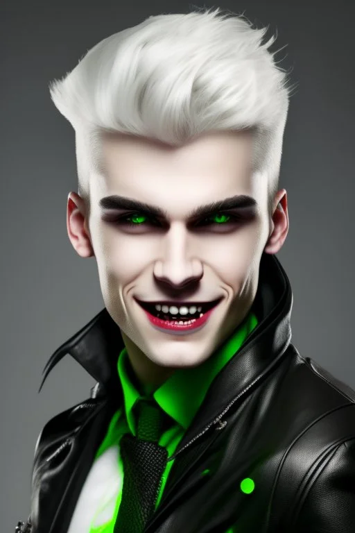 plauge doctor in balck leather clothes with silver hair, pale skin and bright green eyes smiling with sharp teeth, nice young face