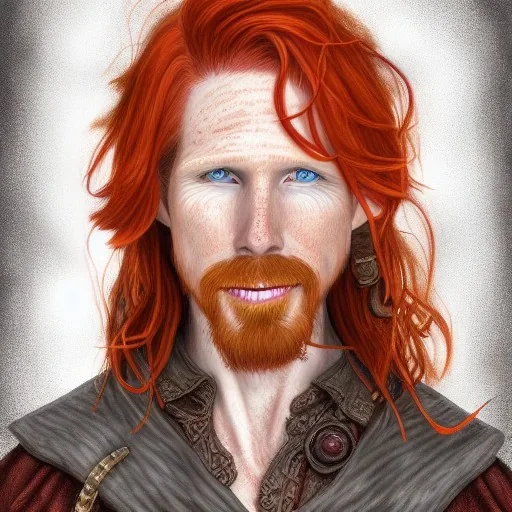 Portrait of Courtney Gains as a ruggedly handsome but joyful roguish pirate, charismatic, attractive male, masculine, perfect, precisely detailed, lightly freckled face, meticulously detailed multi-hued ginger carrot colored cherry fire red hair; Malachai of the corn; fantasy, intricate, elegant, highly detailed, digital painting, artstation, concept art, matte, sharp focus, illustration, art by artgerm and greg rutkowski and alphonse mucha