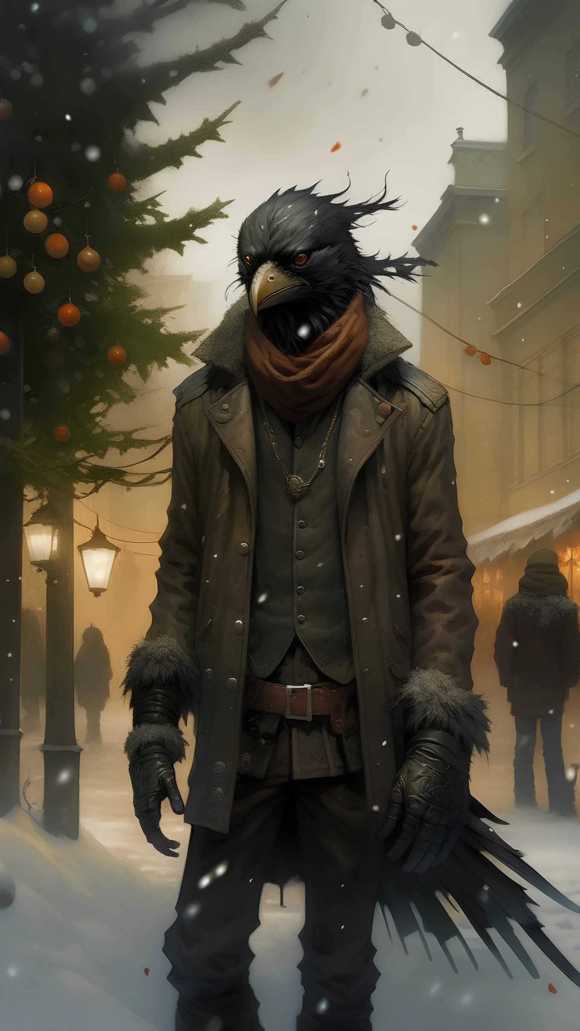 An illustration by Monet and Miyazaki of a human-like crow with a punk leather jacket within a Christmas atmosphere.