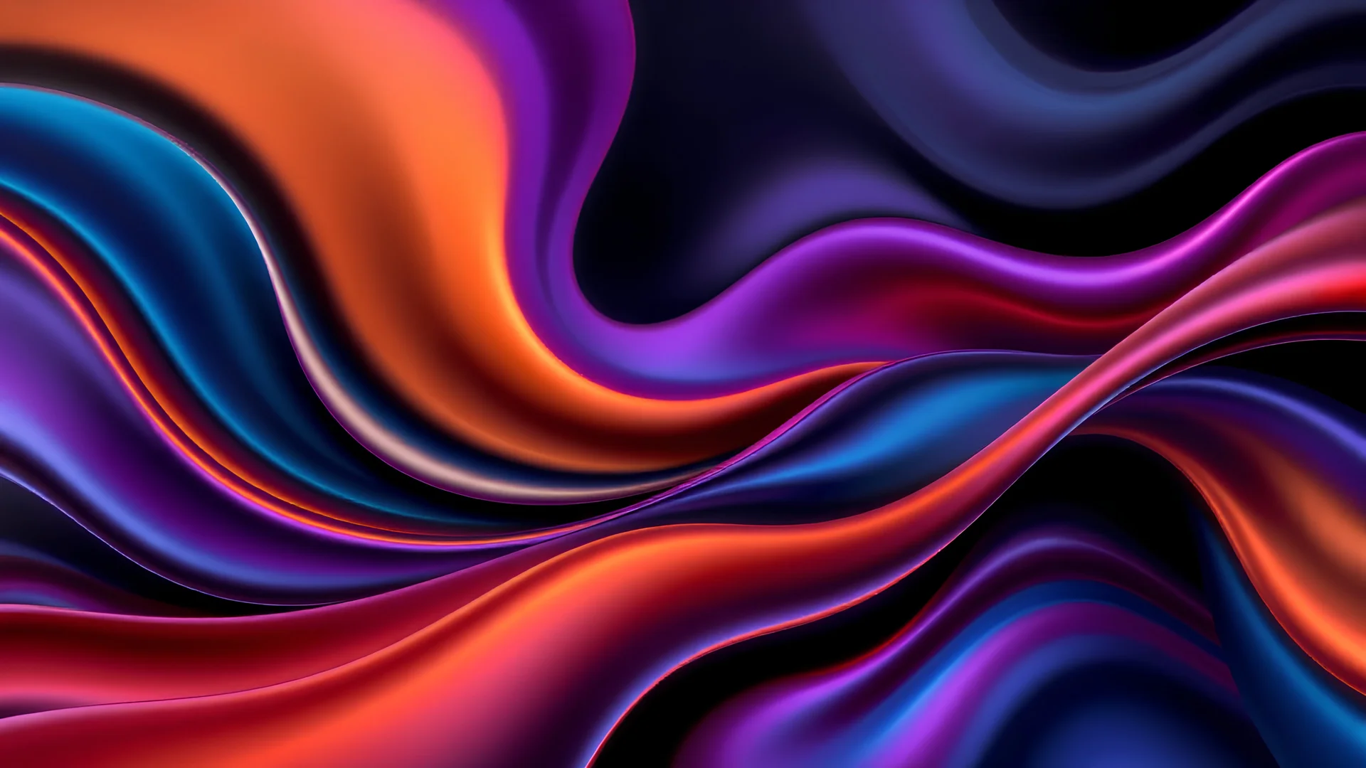 abstract dark colorful (3D gradient waves), fluid motion, vibrant hues, cascading forms, smooth transitions, light reflection, dynamic composition, energetic atmosphere, mesmerizing patterns, high depth, (ultra-detailed), seamless blending, captivating design, modern artistic expression, cool tone highlights, warm accents, visually stunning masterpiece, immersive experience.