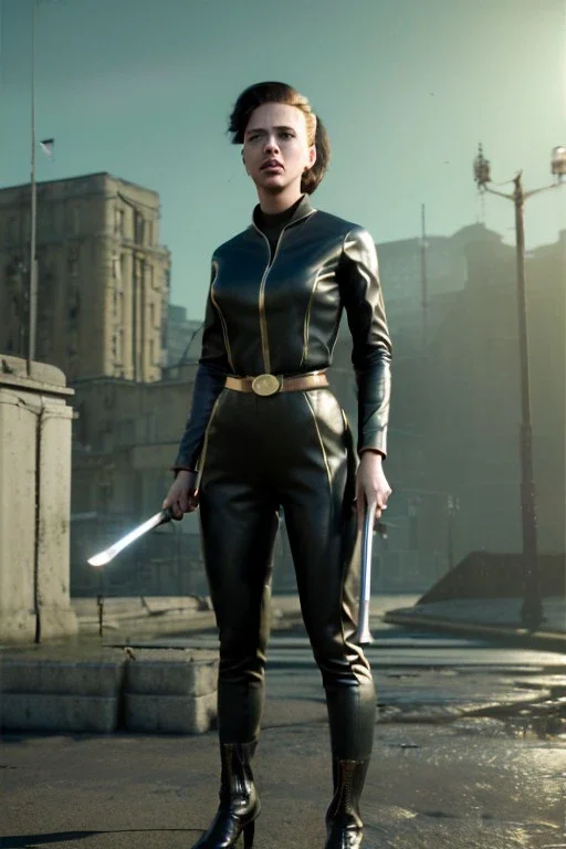 retro portrait image from 1960, city background, wind, long hair, fighting stance, young Scarlett Johansson, classic black tight lycra suit, metal stick weapon, gold bracelet and belt, high heel boots, soft color, highly detailed, unreal engine 5, ray tracing, RTX, lumen lighting, ultra detail, volumetric lighting, 3d, finely drawn, high definition, high resolution.