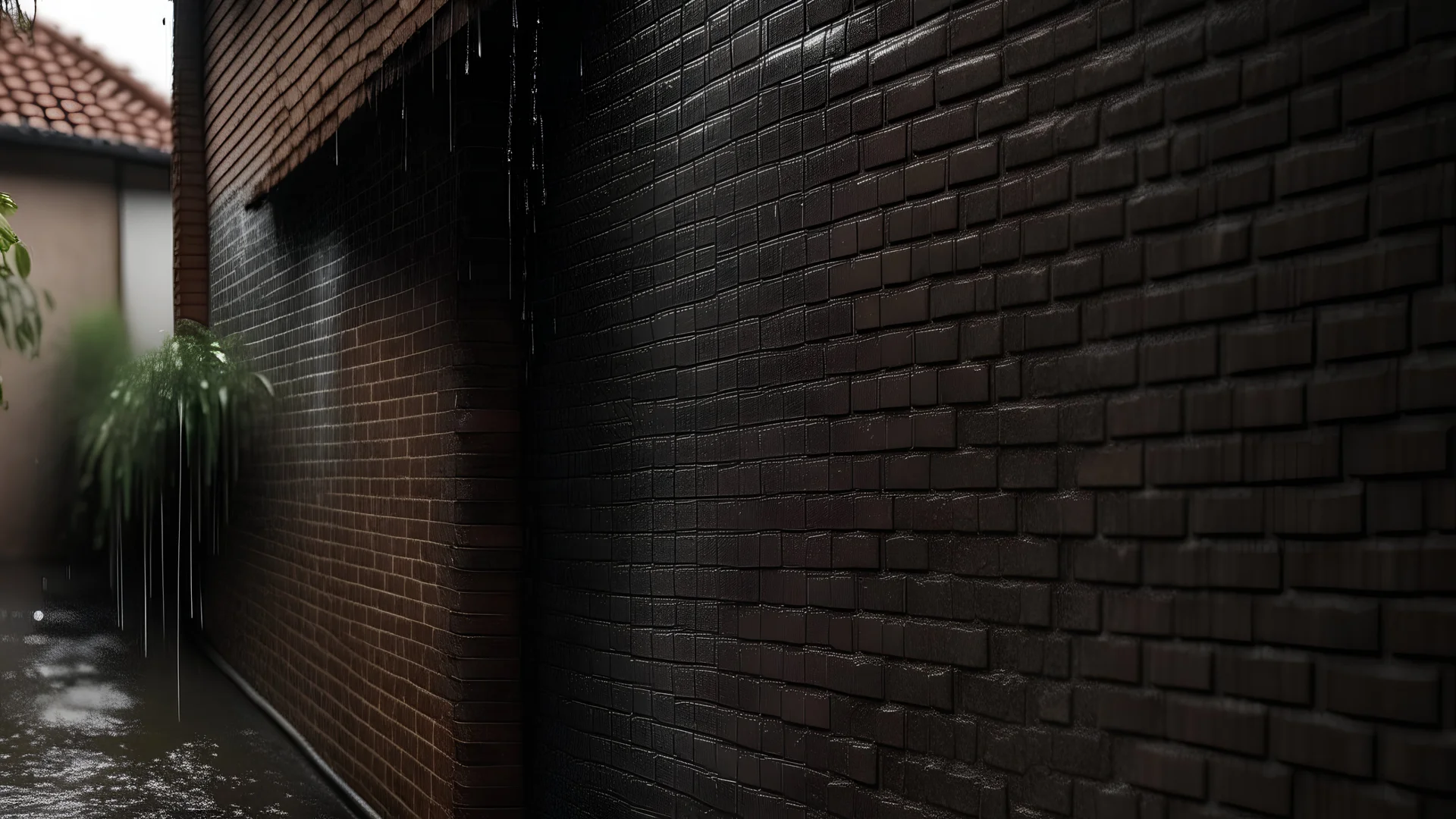 wall of a house in the pouring rain