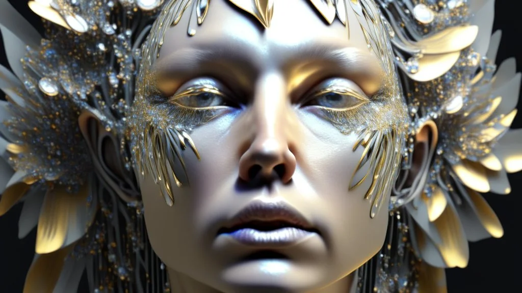 Waterfall, figure of a Woman, art from the "art of control" collection by Jasper Harvey, in the style of futuristic optics, silver and gold, flower, bird, detailed facial features, swirling vortices, 8k 3d, bizarre cyborgs, made of crystals, high detail, high resolution, 8K