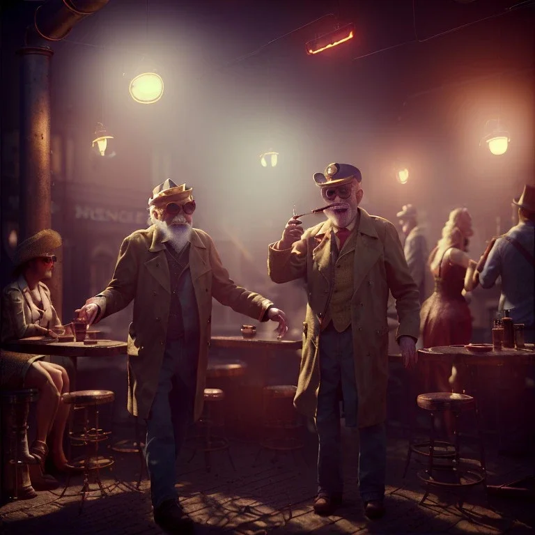 Realistic photo, American shot view, old man, cabaret scene, steampunk. Drunken, Sunglasses, smoking, happy, hot. Many people background, highly detailed, concept art, unreal engine 5, god rays, ray tracing, RTX, lumen lighting, ultra detail, volumetric lighting, 3d, finely drawn, high definition, high resolution.