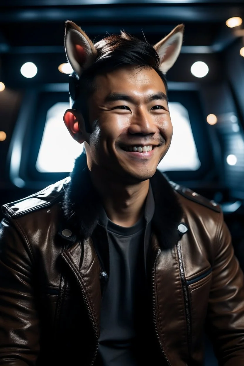 Smiling Male Half-Asian actor with cat ears in a leather jacket, on a spaceship deck
