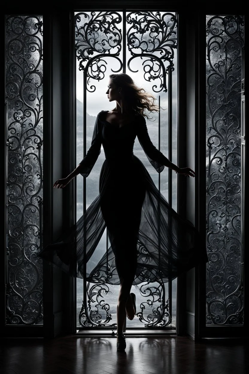 front of is the glass door, a dark silhouette of a dancing woman behind the glass door , front of it is the glass door, high quality, highly detailed, stunning, high realistic picture, impressive, sharp focus, perfect body, perfect shot, professional photo