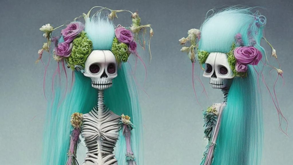 Partially skeletonized troll doll in ceremonial dress for getting married with plants growing from the top of her head; Alex Pardee; surrealism