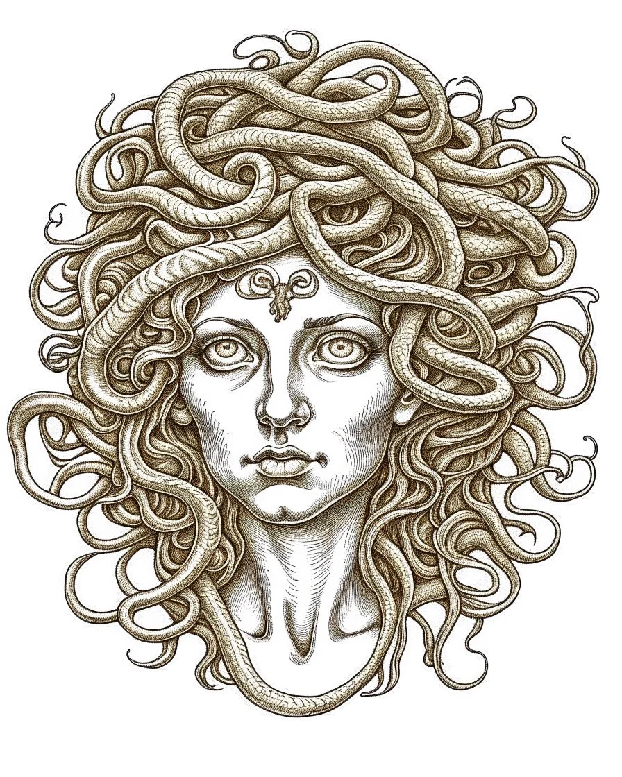 Medusa's petrifying gaze., realistis tatto sketch style, white background, profesional tatto sketch