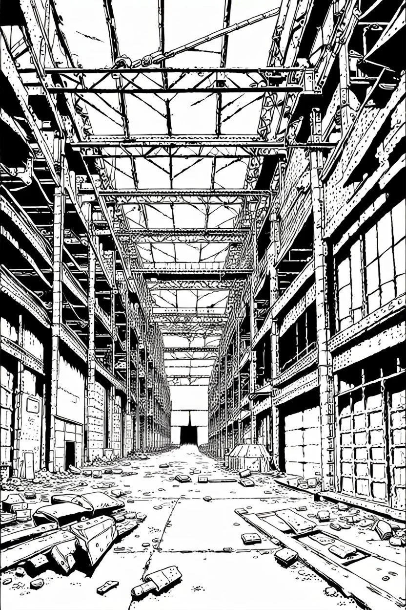 Abandoned industrial warehouses, line arts, manga style