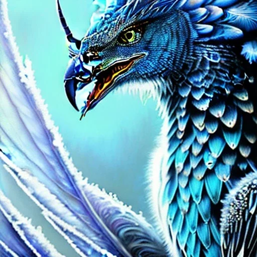 icy blue,mythical beautiful mammalian creature ,feathers , majestic, ominous, ice, scales,frost on skin, dnd character portrait, intricate, oil on canvas, masterpiece, expert, insanely detailed, 4k resolution, retroanime style, cute big circular reflective eyes, cinematic smooth, intricate detail , soft smooth lighting, soft pastel colors, painted Rena