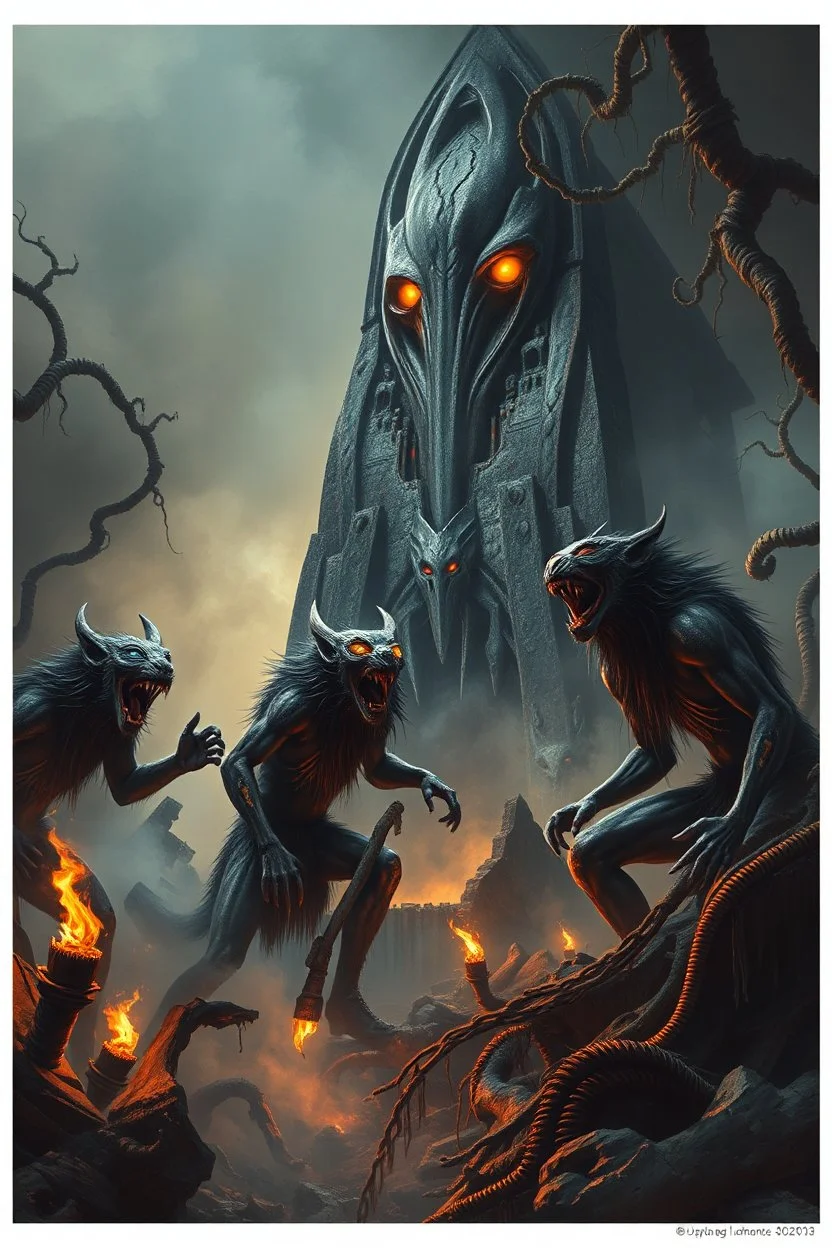 Humanoid hyena warriors laughing around a broken alien monument, glowing eyes in the mist, twisted jungle vines crawling over steel ruins, smoke and torchlight, ritual masks, savage joy in a dead world, sci-fi tribal atmosphere, airbrush fantasy poster style, eerie celebration, cinematic lighting