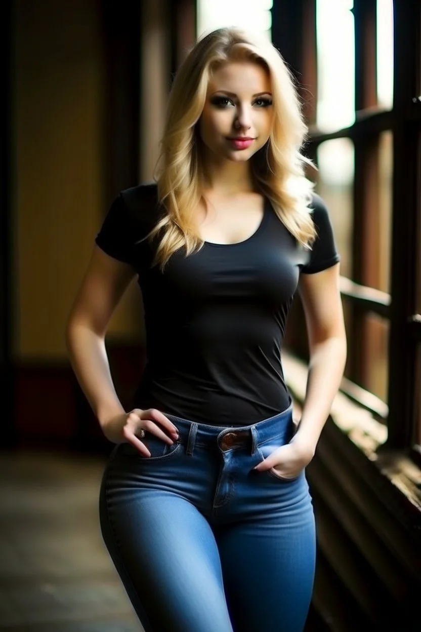 pretty girl, blonde, attractive, full body, jeans, tight top, curvy