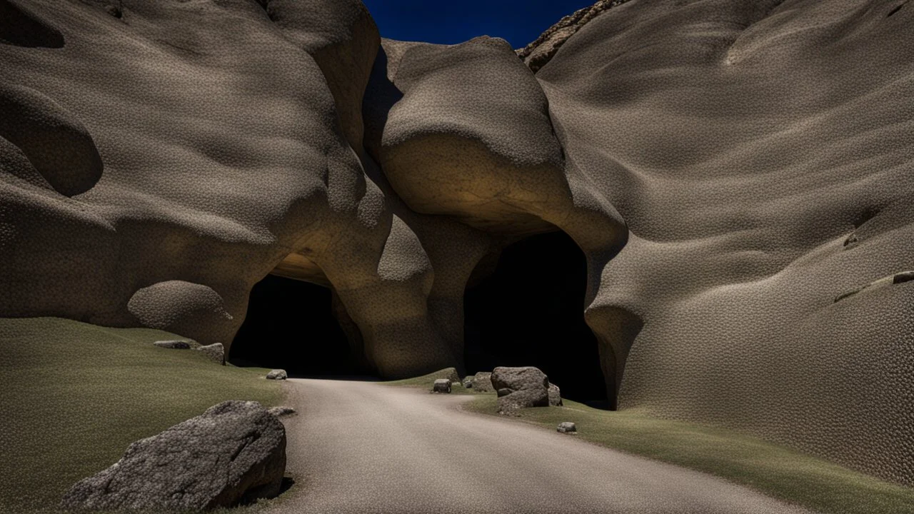 huge illuminated doorway in a rock wall in the side of the mountain