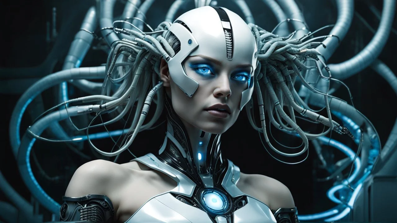 An android-mutant woman with long hair, a biomechanical mutant with sky-blue eyes, white robot body, she is the AI-Medusa woman with like snakes of hair, the wirling with blue-white hair, sitting a futuristic chair, stunning, mystic and sci-fi mix creature, high detalied, sharp focus, perfect beauty, professional photo