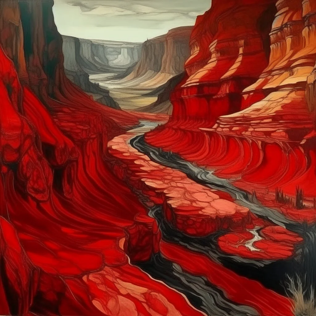 A cherry red colored canyon with magma painted by Vincent van Gogh