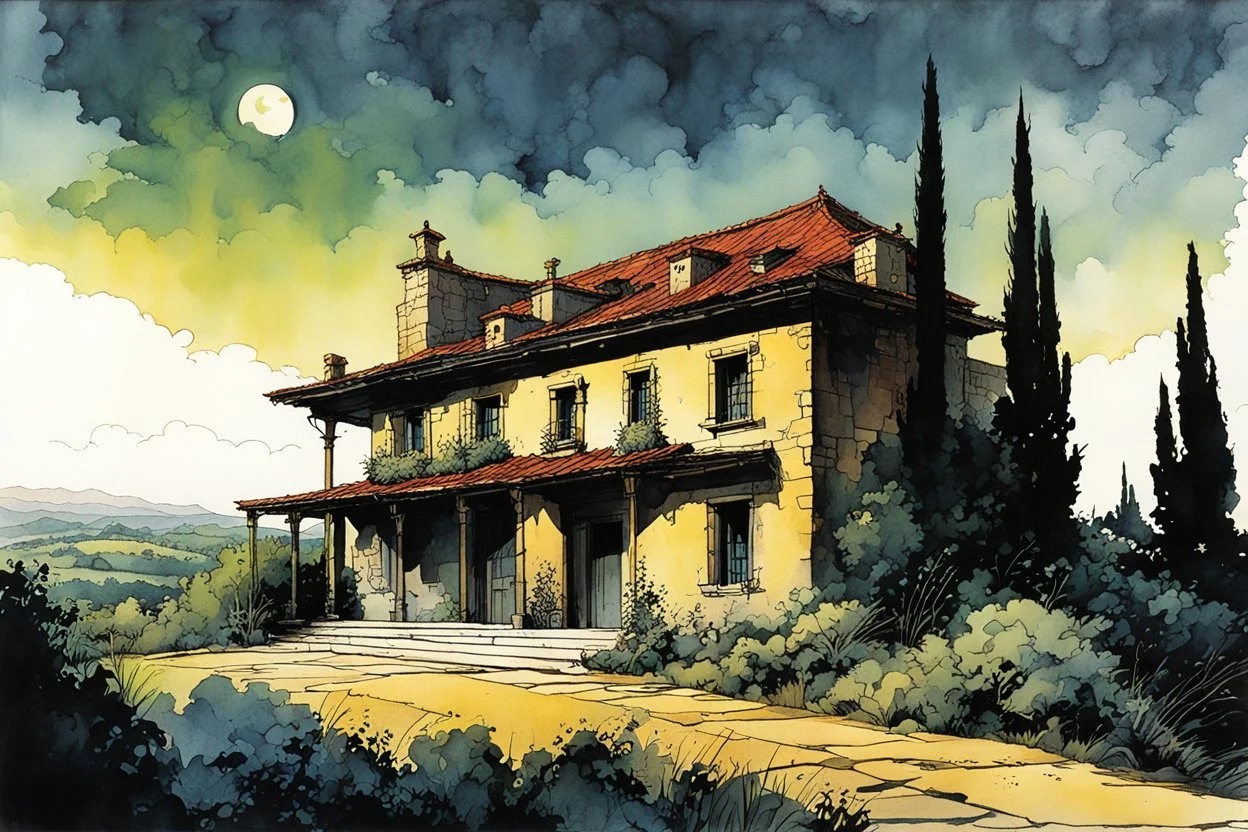 create in inkwash and watercolor a peaceful villa set in the tranquil landscape of ancient Tuscany in the comic book art style of Mike Mignola, Bill Sienkiewicz and Jean Giraud Moebius, , highly detailed,, grainy, gritty textures, , dramatic natural lighting