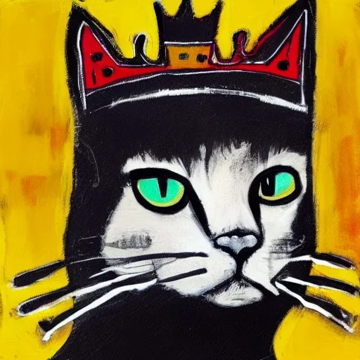 cat with crown in style of basquiat painting