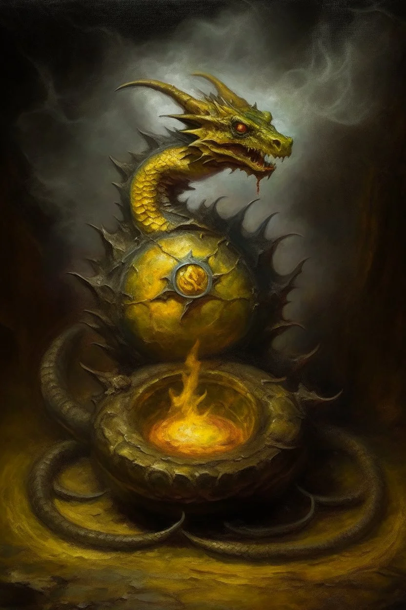 Living cauldron with yellow sigil, slightly demonic golem lizard in it, prize winning oil painting