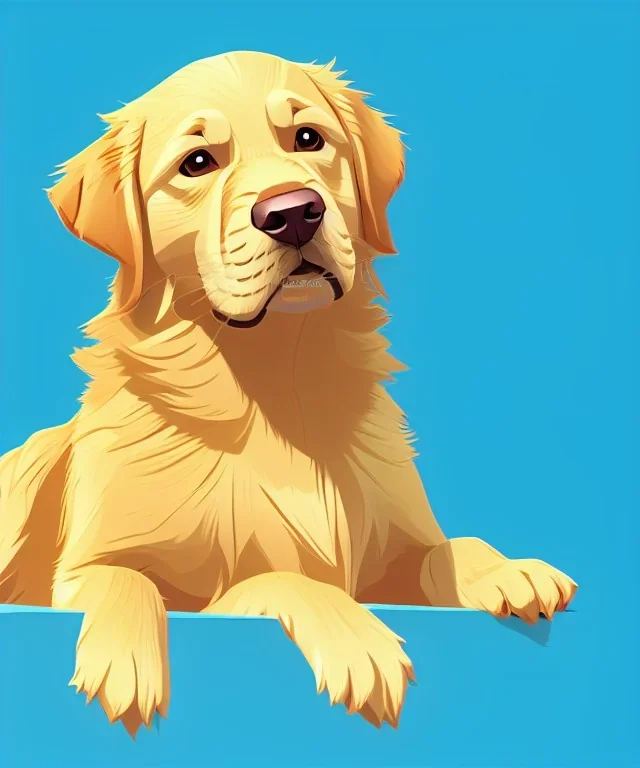 Cute golden retriever puppy dog sitting down looking up , plain background