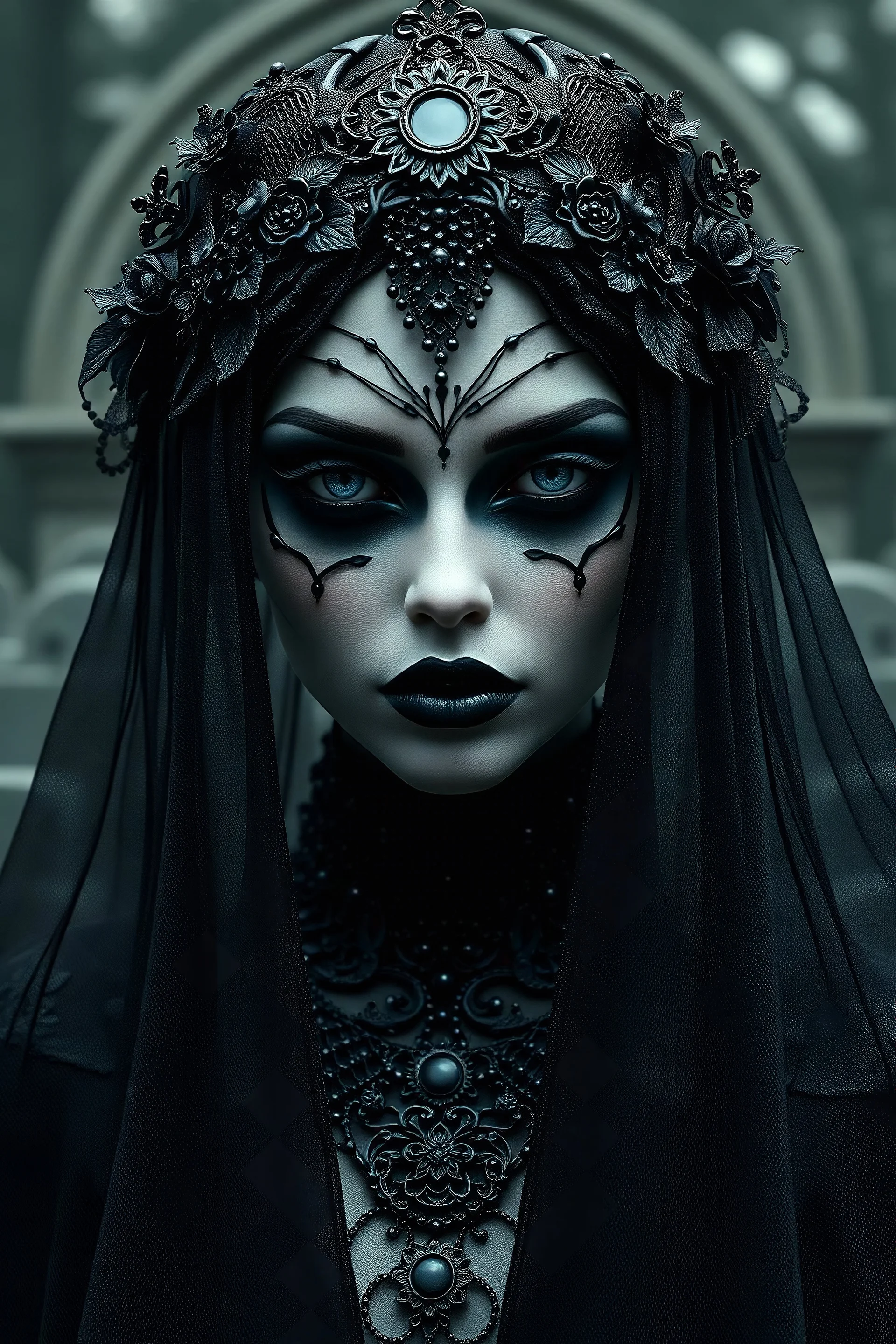 Create me headshot from Arcane as a gothic girl majestic, highly intricate gigantic, with black makeup and a beautiful black veil with cemetery crypts behind her Realistic photography, incredibly detailed, ultra high resolution, 8k, complex 3d render, cinema 4d.