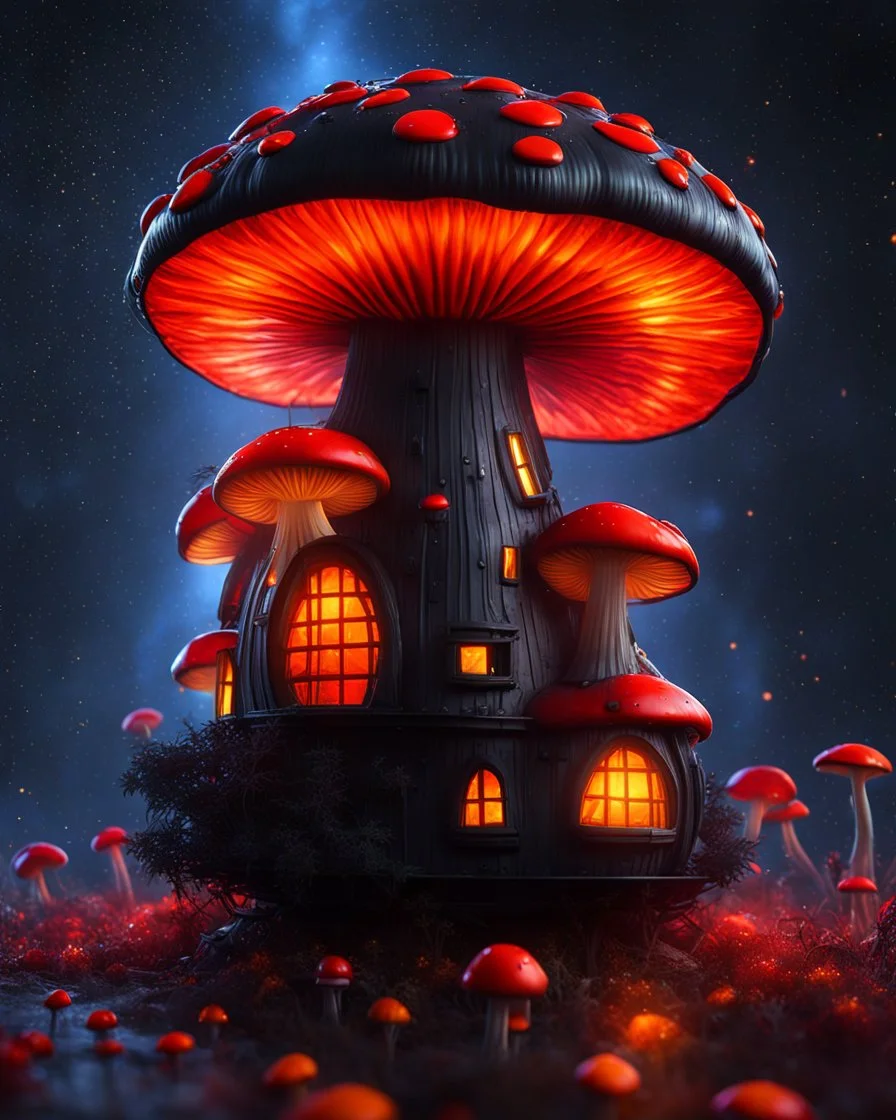 An illogical floating mushroom house on a clear moonless night. . Bright Bold Bright Colors, red orange yellow black, Starry Dark cosmic interstellar. Detailed Matte Painting, deep color, fantastical, intricate detail, splash screen, hyperdetailed, insane depth, concept art, 8k resolution, trending on Artstation, Unreal Engine 5, color depth, backlit, splash art, dramatic, High Quality Whimsical Fun Imaginative Bubbly, perfect composition